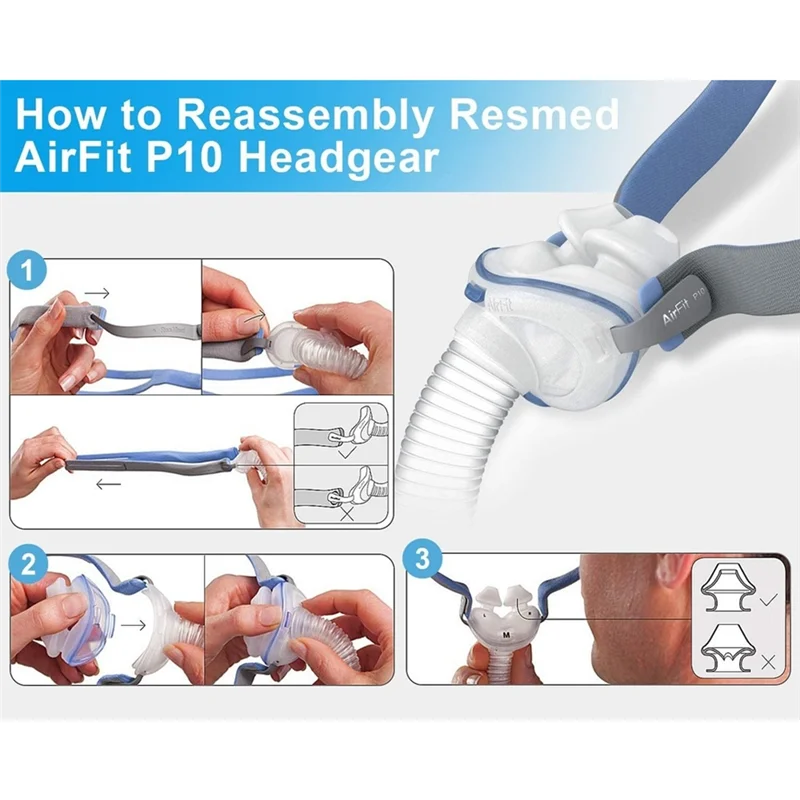 A27U Hot 3PCS Replacement Headgear for P10 Nasal Pillow CPAP Mask Straps with 6 Adjustment Clips